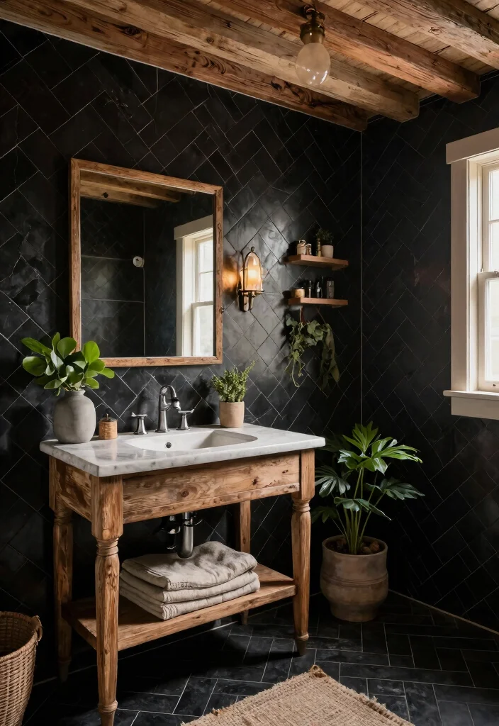 15 Black Herringbone Tile Bathroom Ideas With Bold Drama - 6. Rustic Elegance 1