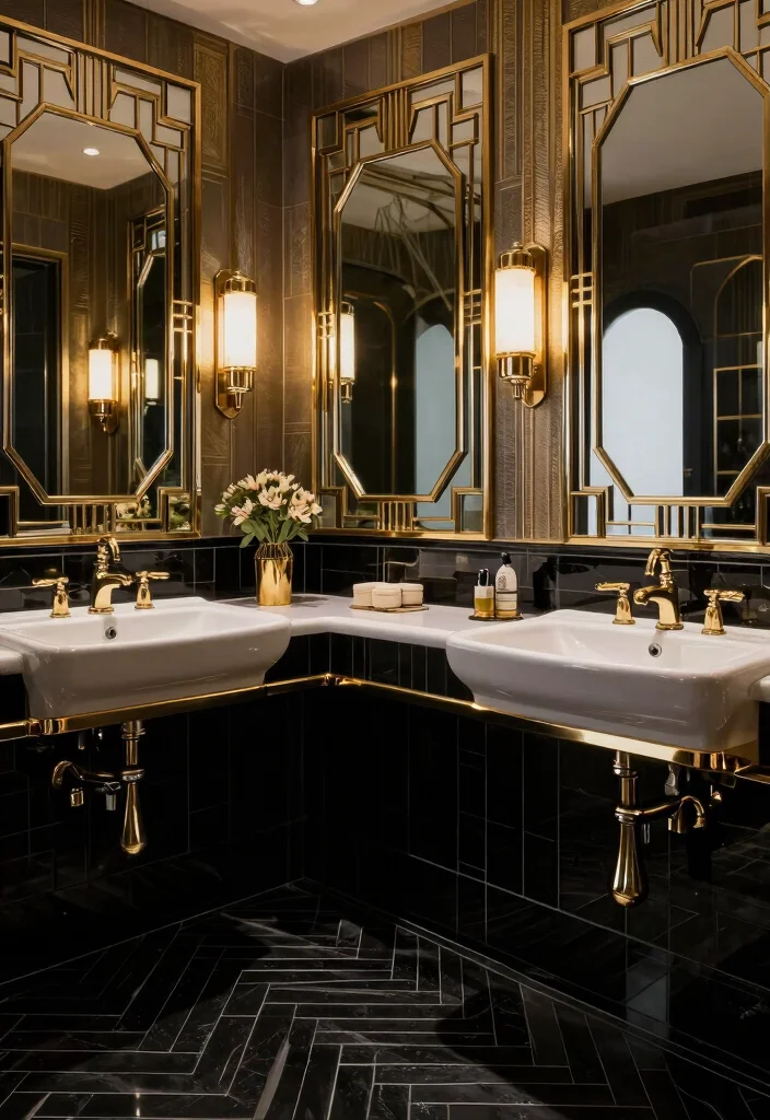 15 Black Herringbone Tile Bathroom Ideas With Bold Drama - 7. Art Deco Glam 1
