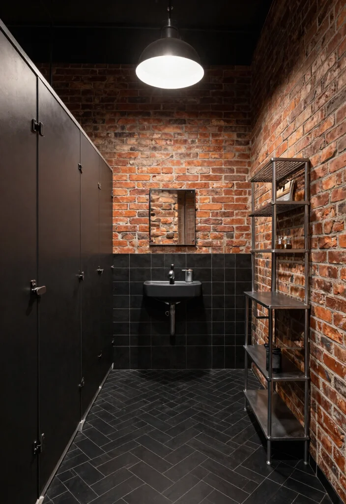 15 Black Herringbone Tile Bathroom Ideas With Bold Drama - 9. Industrial Edge 1