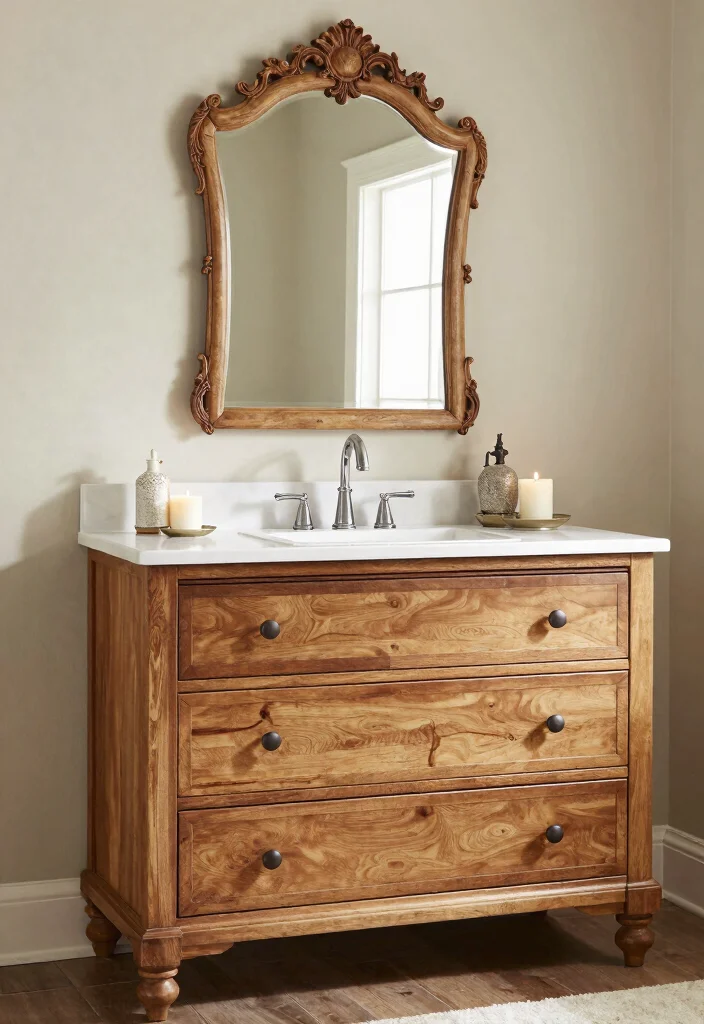 15 Dresser Vanity Bathroom Ideas With Vintage Charm - 11. Rustic Elegant Dresser 1