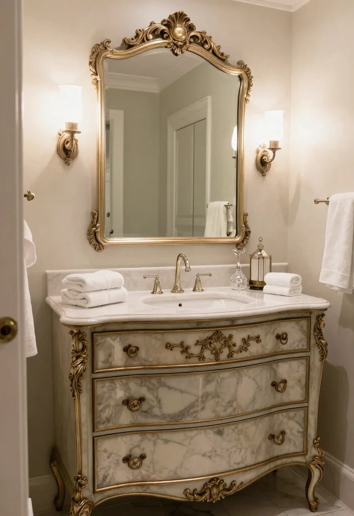 15 Dresser Vanity Bathroom Ideas With Vintage Charm - 13. Vintage Glam Dresser 1