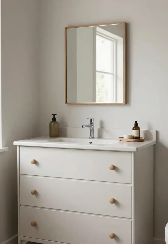 15 Dresser Vanity Bathroom Ideas With Vintage Charm - 14. Minimalist Vintage Dresser 1