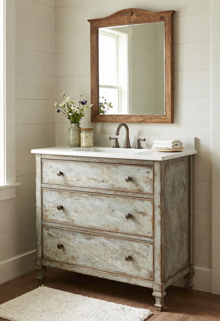 15 Dresser Vanity Bathroom Ideas With Vintage Charm - 2. Distressed Farmhouse Dresser 1