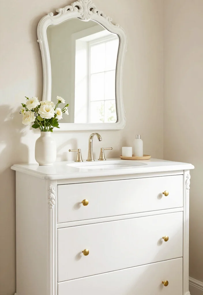 15 Dresser Vanity Bathroom Ideas With Vintage Charm - 3. Vintage Chic White Dresser 1