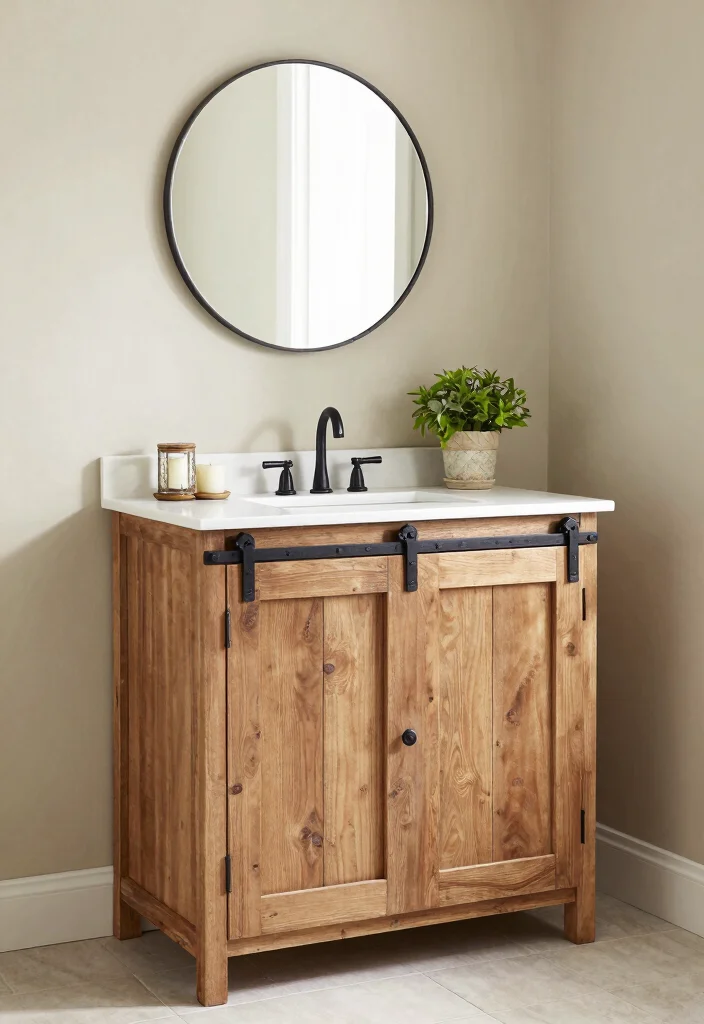 15 Dresser Vanity Bathroom Ideas With Vintage Charm - 4. Rustic Barn Door Vanity 1