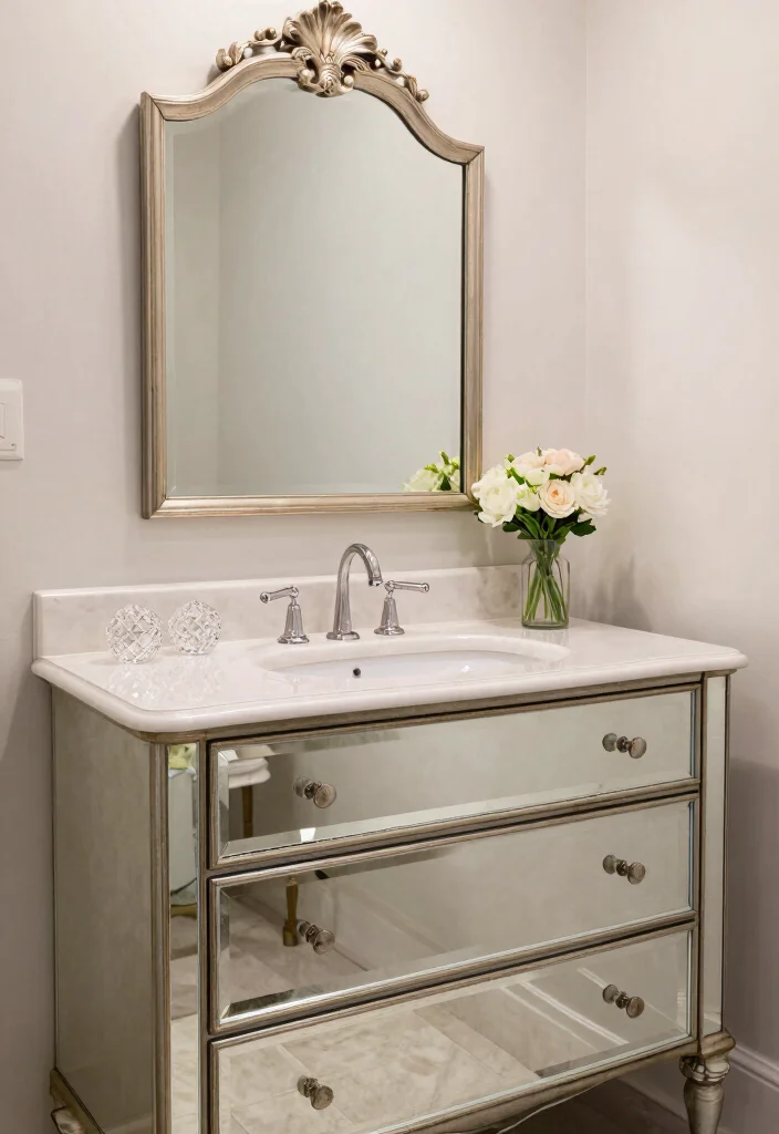15 Dresser Vanity Bathroom Ideas With Vintage Charm - 6. Elegant Vintage Mirrored Dresser 1