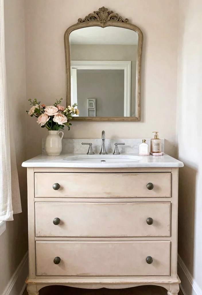 15 Dresser Vanity Bathroom Ideas With Vintage Charm - 7. Rustic Shabby Chic Dresser 1