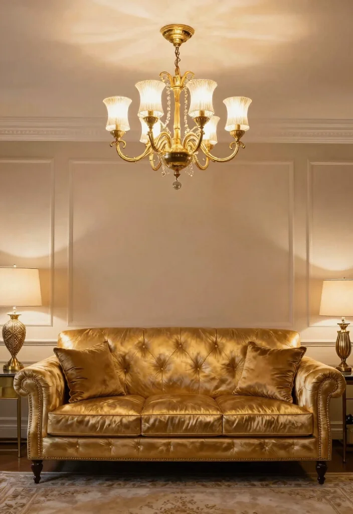 15 Gold Couch Living Room Ideas: Bold Glam Statement - 10. Statement Lighting 1