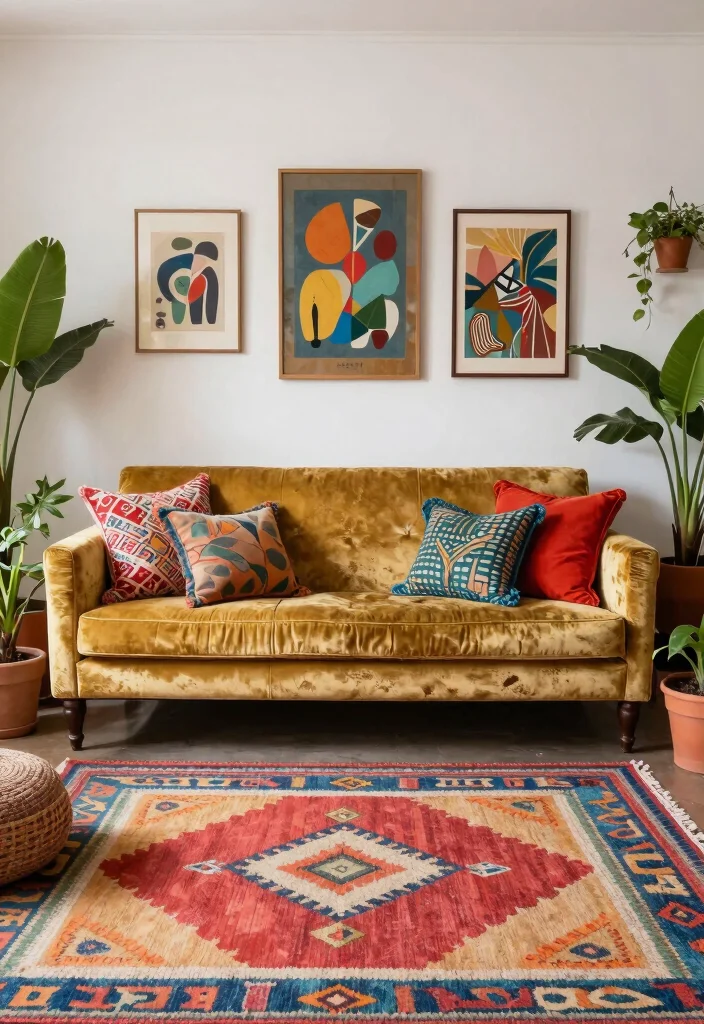 15 Gold Couch Living Room Ideas: Bold Glam Statement - 11. Eclectic Bohemian Style 1