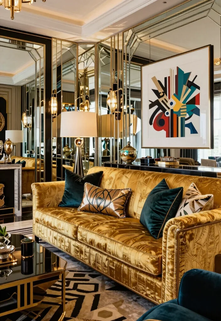 15 Gold Couch Living Room Ideas: Bold Glam Statement - 12. Contemporary Art Deco 1