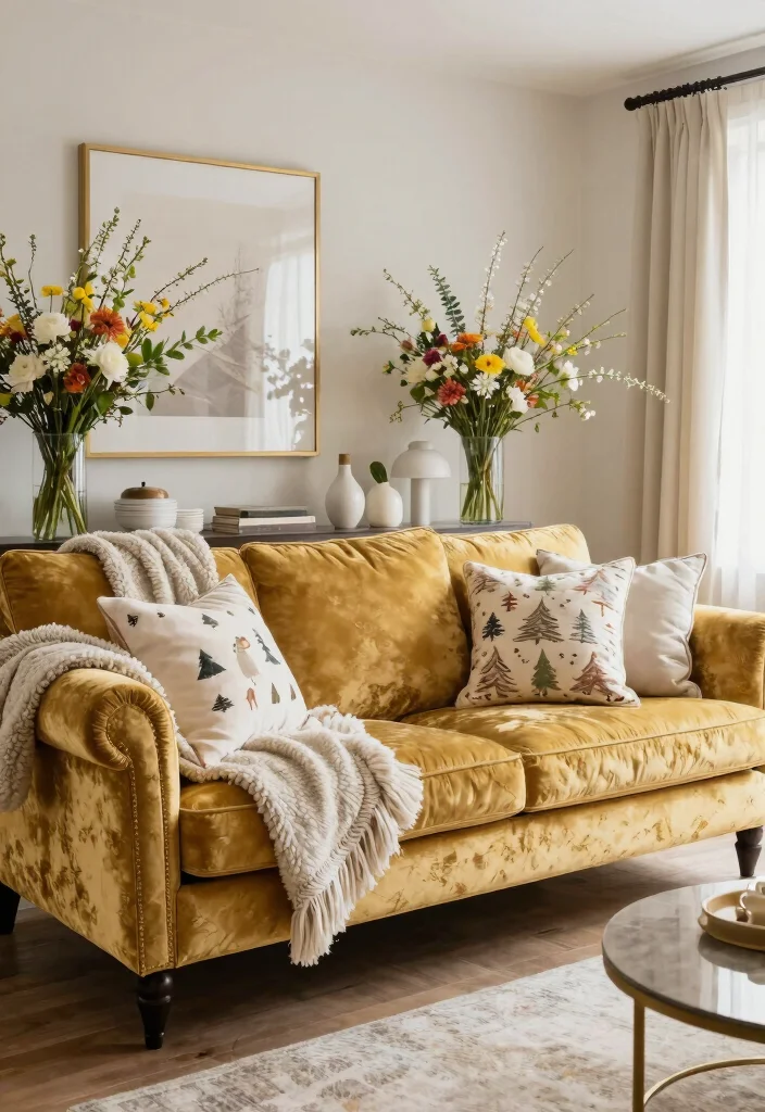 15 Gold Couch Living Room Ideas: Bold Glam Statement - 14. Festive and Seasonal Decor 1