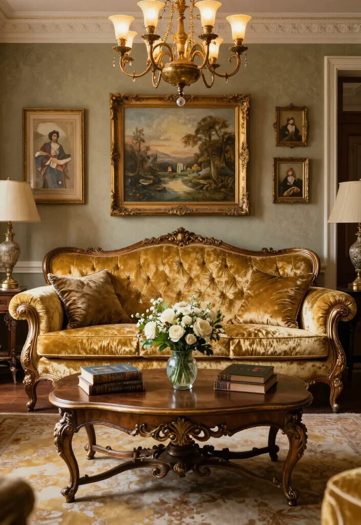 15 Gold Couch Living Room Ideas: Bold Glam Statement - 2. Vintage Glamour with Gold Accents 1