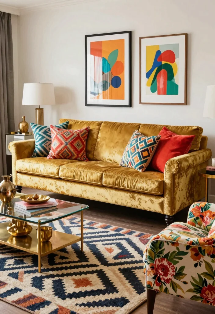 15 Gold Couch Living Room Ideas: Bold Glam Statement - 3. Bold Patterns and Textures 1