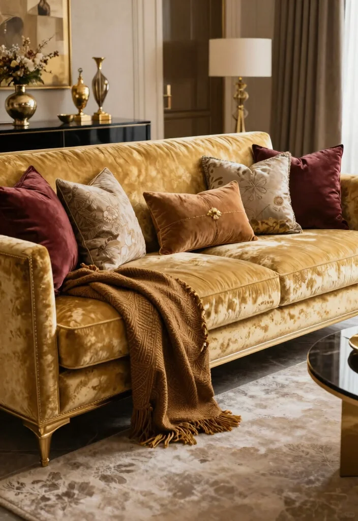 15 Gold Couch Living Room Ideas: Bold Glam Statement - 7. Luxurious Layering 1