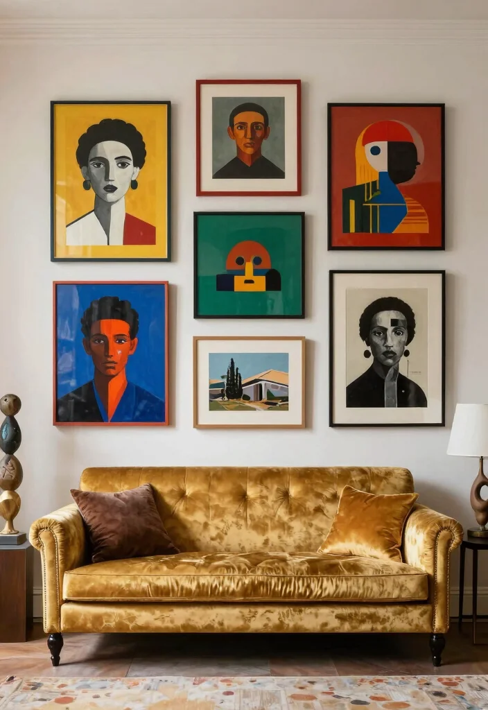 15 Gold Couch Living Room Ideas: Bold Glam Statement - 8. Artistic Inspirations 1