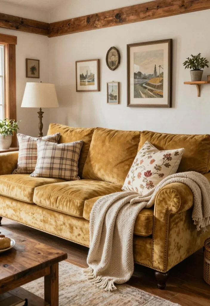 15 Gold Couch Living Room Ideas: Bold Glam Statement - 9. Cozy Farmhouse Glam 1