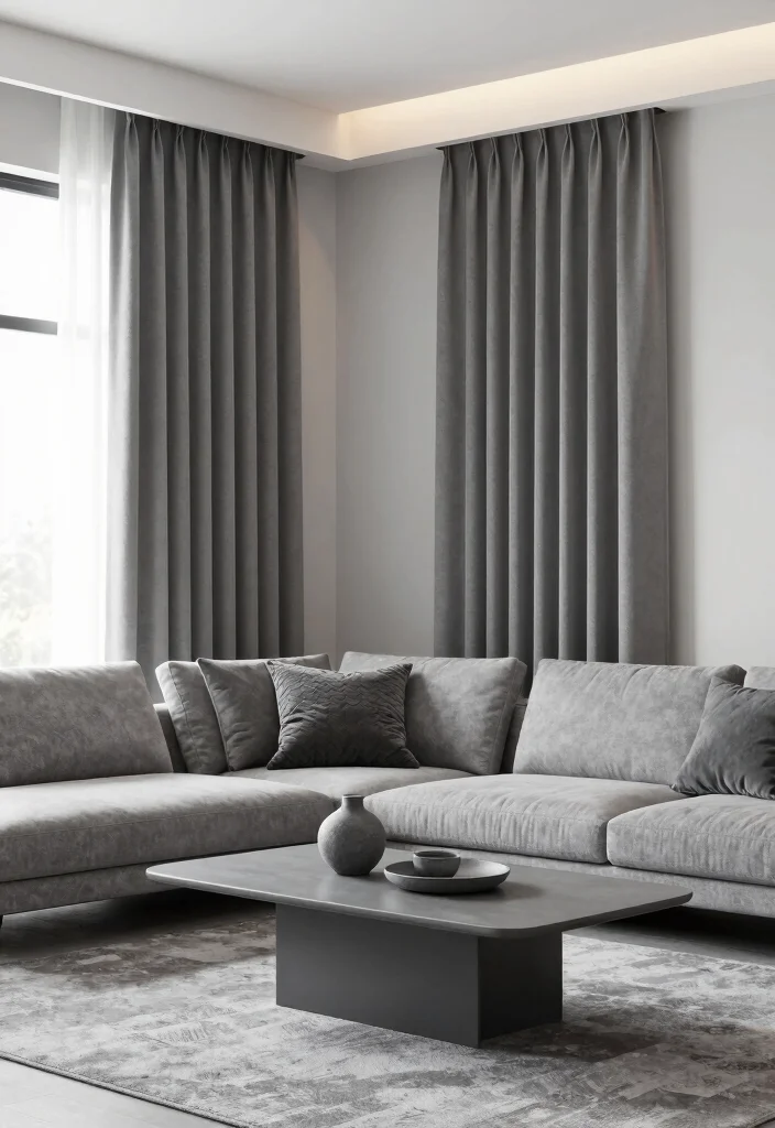 15 Gray Curtains Living Room Ideas for a Neutral Elegant Style - 10. Gray Curtains for a Monochromatic Look 1