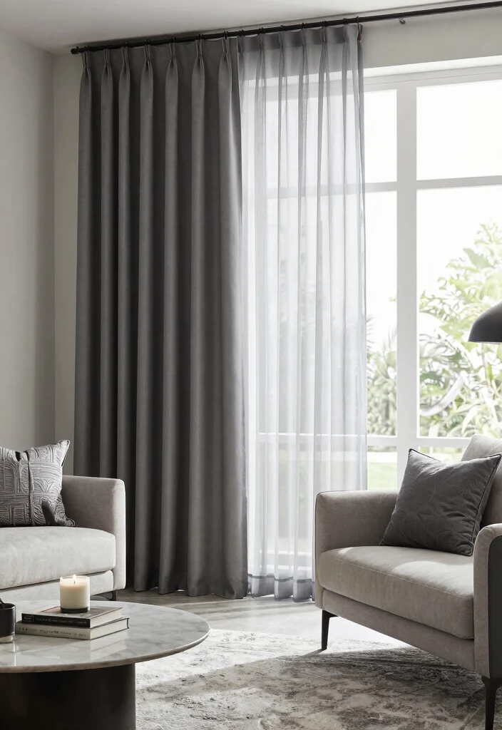 15 Gray Curtains Living Room Ideas for a Neutral Elegant Style - 11. Gray Curtains with Layering Techniques 1