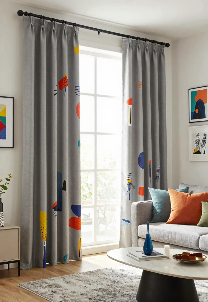 15 Gray Curtains Living Room Ideas for a Neutral Elegant Style - 13. Gray Curtains with Artistic Prints 1
