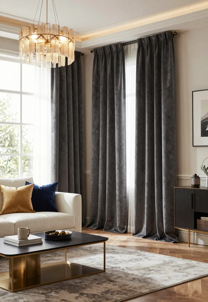 15 Gray Curtains Living Room Ideas for a Neutral Elegant Style - 2. Dark Gray Velvet for a Luxurious Touch 1