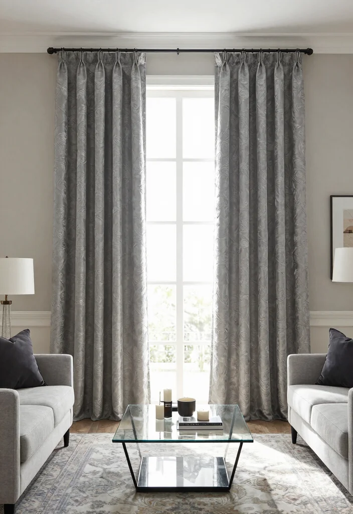 15 Gray Curtains Living Room Ideas for a Neutral Elegant Style - 5. Gray Jacquard Curtains for Added Depth 1