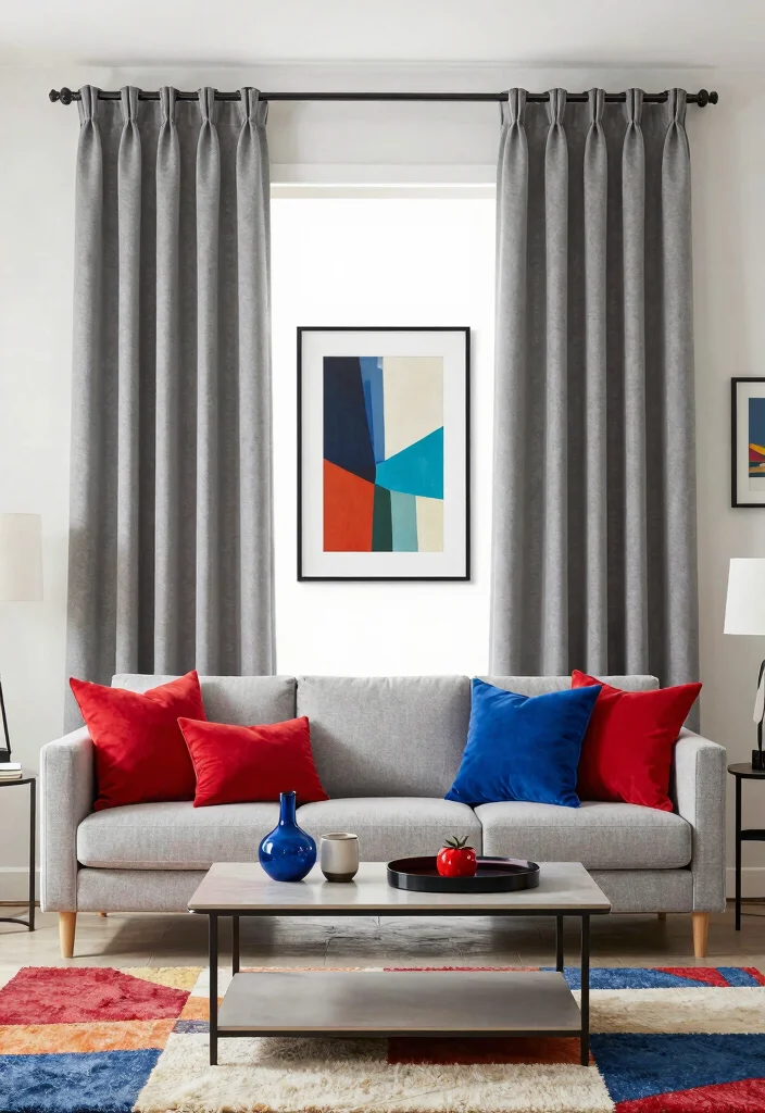 15 Gray Curtains Living Room Ideas for a Neutral Elegant Style - 8. Gray Curtains with Bold Accents 1