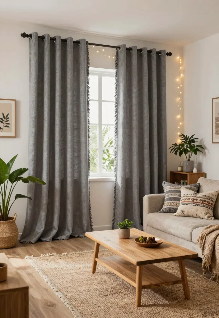 15 Gray Curtains Living Room Ideas for a Neutral Elegant Style - 9. Gray Curtains with a Bohemian Twist 1