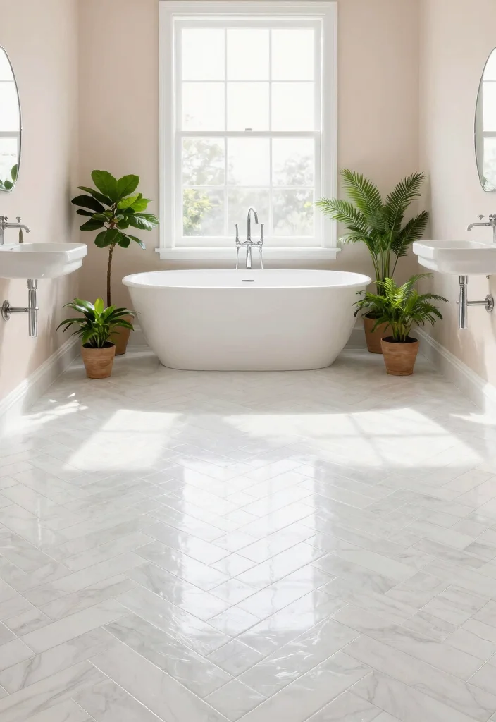 15 Herringbone Tile Bathroom Floor Ideas For Visual Interest - 1. Classic White Herringbone 1