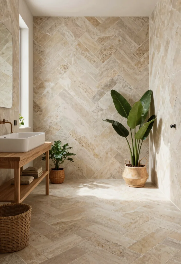 15 Herringbone Tile Bathroom Floor Ideas For Visual Interest - 11. Outdoor-Inspired Herringbone 1
