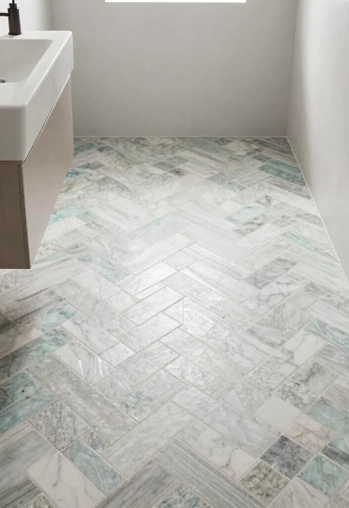 15 Herringbone Tile Bathroom Floor Ideas For Visual Interest - 12. Mixed Material Herringbone 1