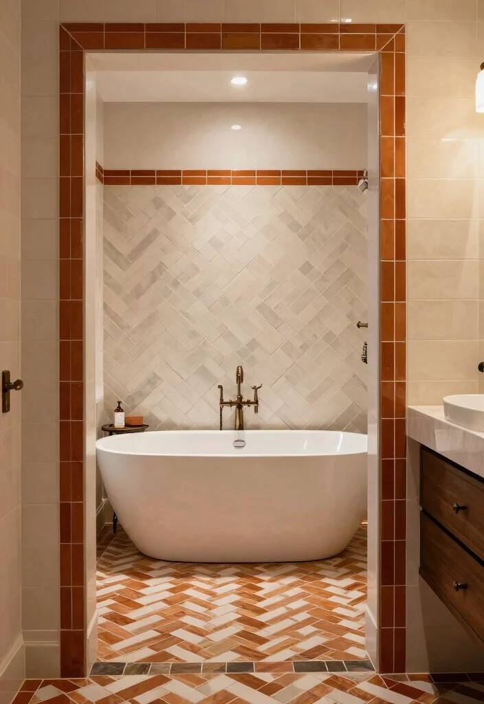 15 Herringbone Tile Bathroom Floor Ideas For Visual Interest - 14. Statement Borders 1