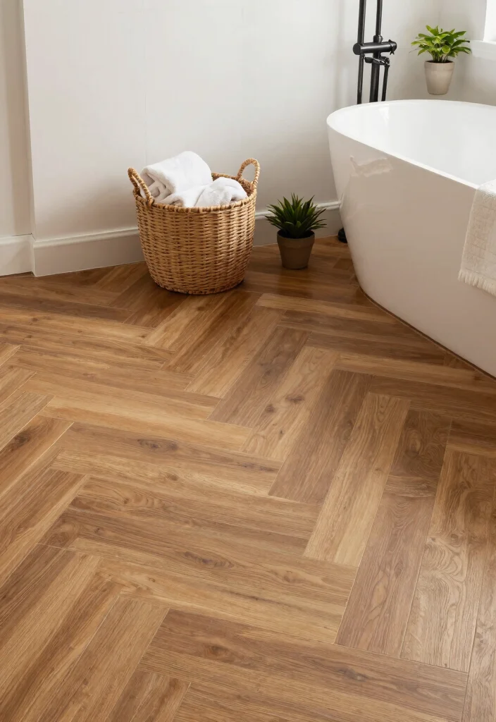 15 Herringbone Tile Bathroom Floor Ideas For Visual Interest - 2. Rich Wood-Look Herringbone 1