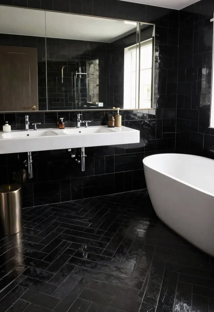 15 Herringbone Tile Bathroom Floor Ideas For Visual Interest - 3. Bold Black Herringbone 1