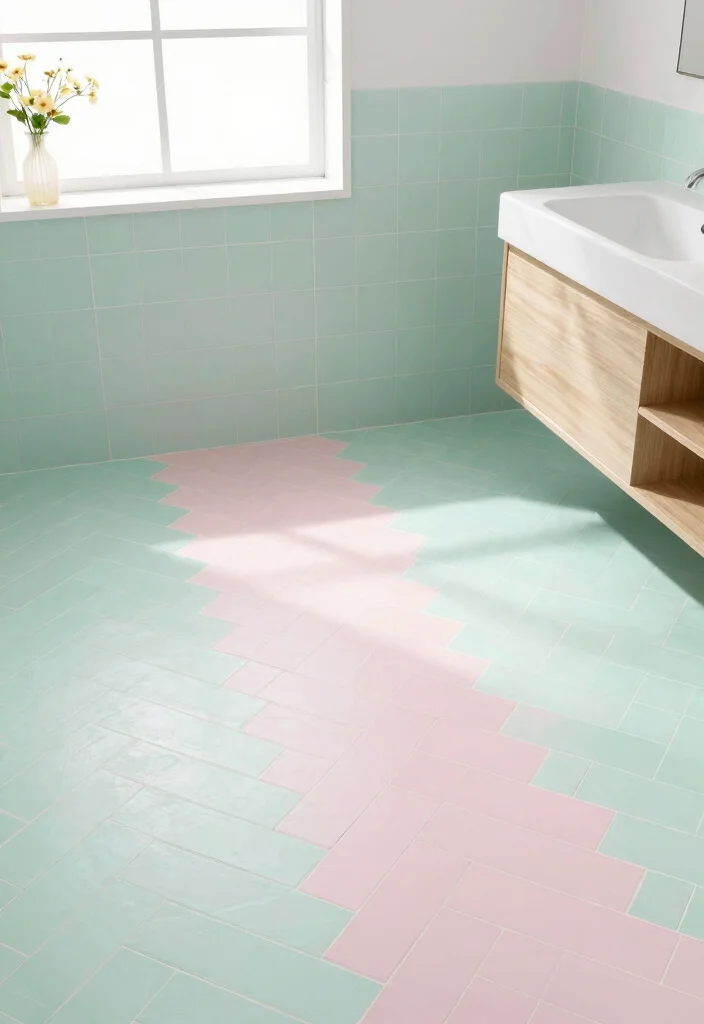 15 Herringbone Tile Bathroom Floor Ideas For Visual Interest - 4. Soft Pastel Herringbone 1