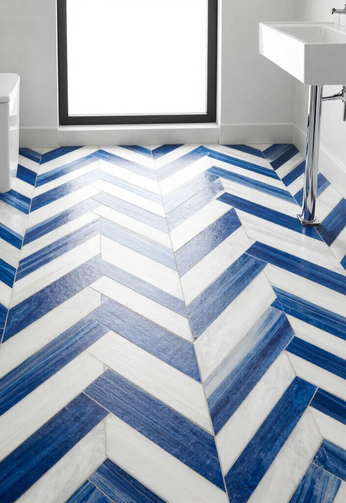 15 Herringbone Tile Bathroom Floor Ideas For Visual Interest - 5. Geometric Herringbone Patterns 1