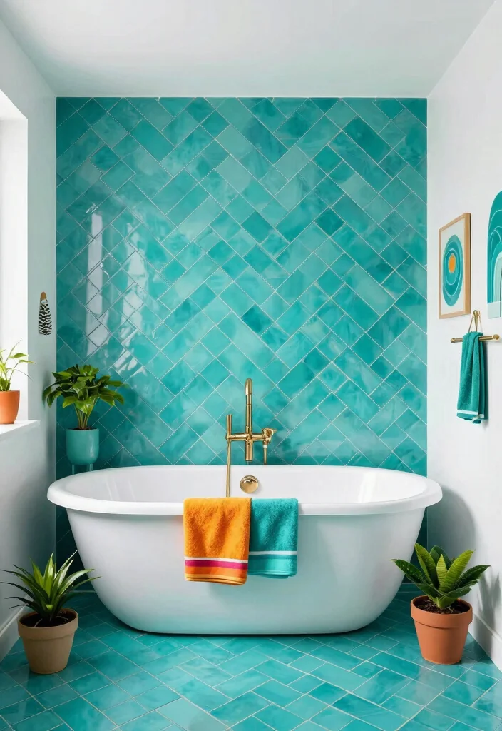 15 Herringbone Tile Bathroom Floor Ideas For Visual Interest - 8. Bold Colored Herringbone 1
