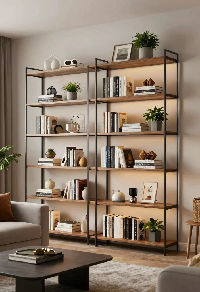 15 Metal Shelves Living Room Ideas with an Industrial Modern Touch - 10. Multi-Tier Metal Shelves 1