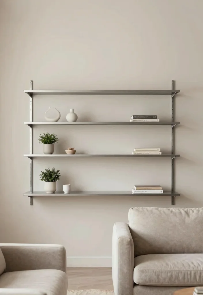 15 Metal Shelves Living Room Ideas with an Industrial Modern Touch - 12. Minimalist Metal Shelving 1