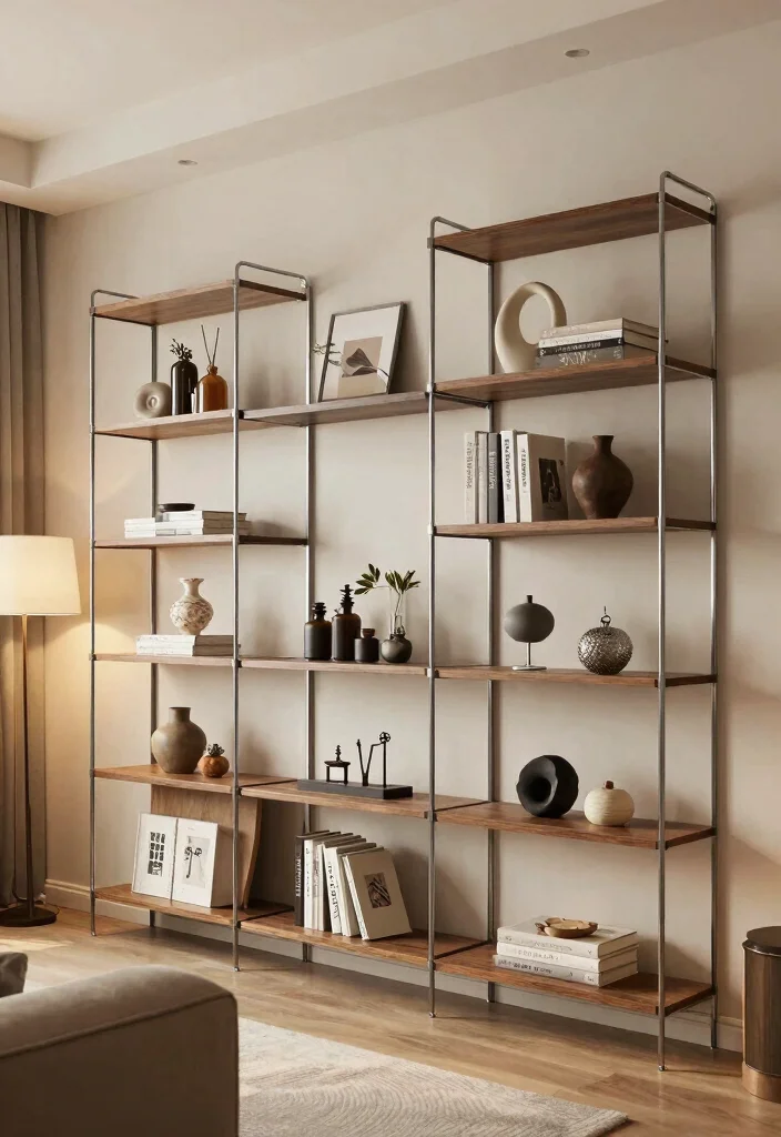 15 Metal Shelves Living Room Ideas with an Industrial Modern Touch - 14. Adjustable Metal Shelving 1