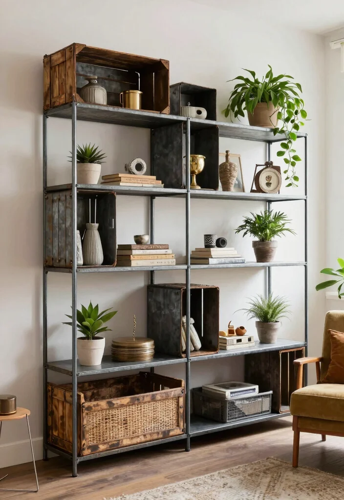 15 Metal Shelves Living Room Ideas with an Industrial Modern Touch - 15. Repurposed Metal Shelves 1