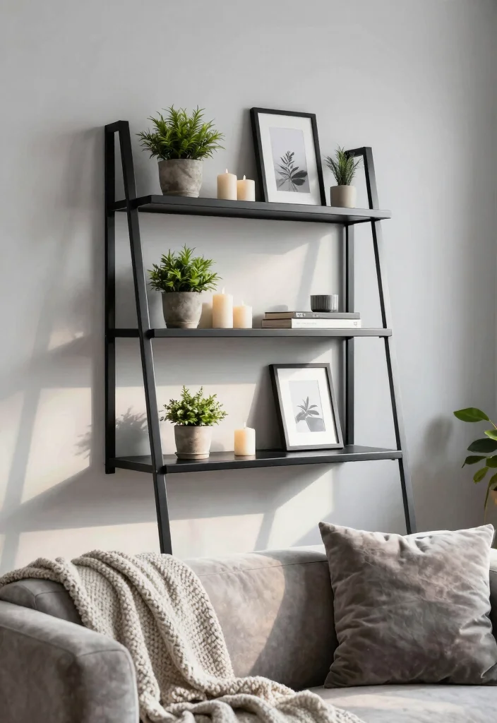 15 Metal Shelves Living Room Ideas with an Industrial Modern Touch - 2. Metal Ladder Shelves 1