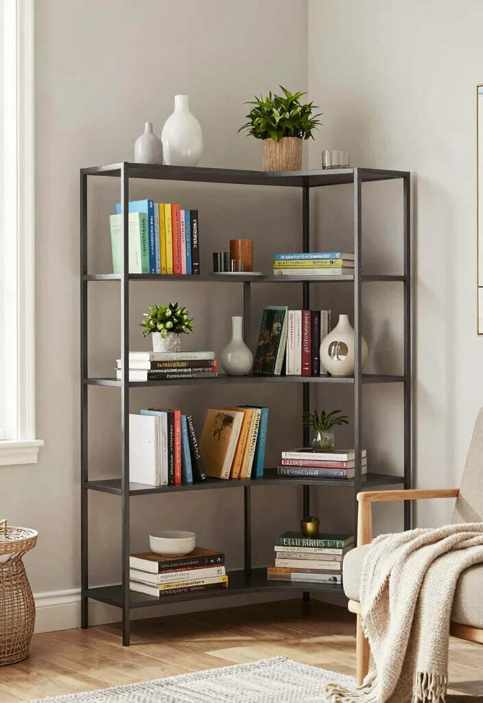 15 Metal Shelves Living Room Ideas with an Industrial Modern Touch - 3. Corner Metal Shelving Units 1