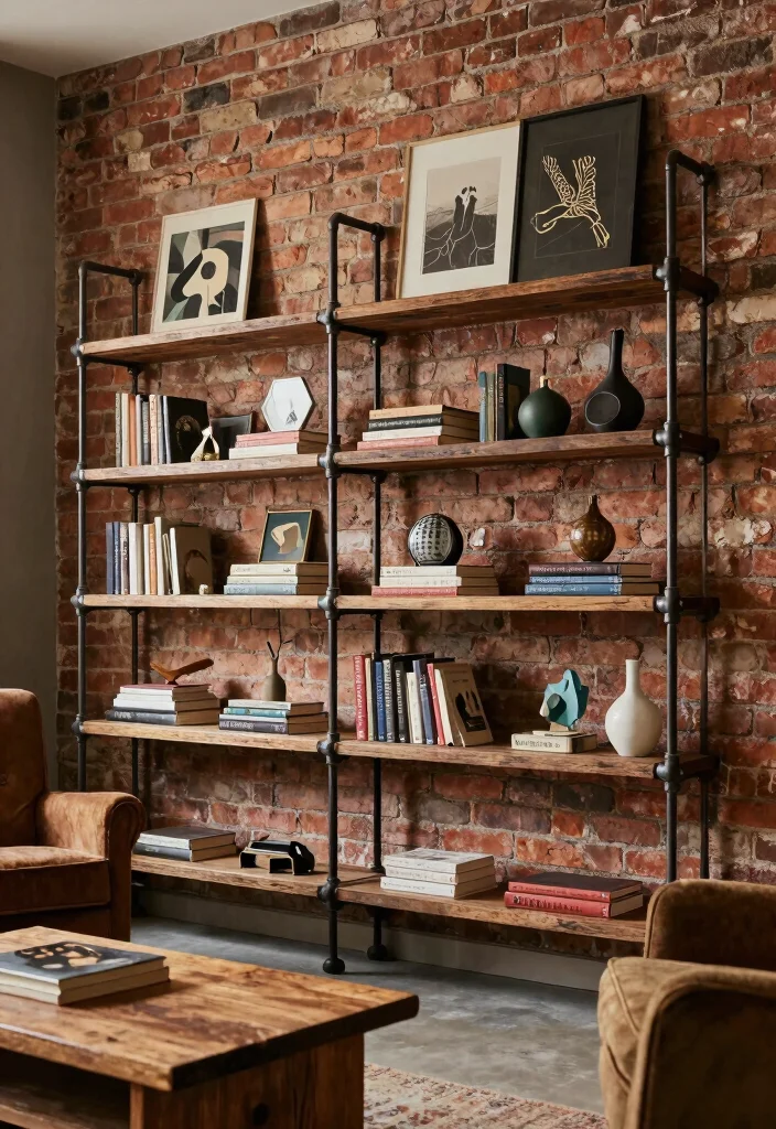 15 Metal Shelves Living Room Ideas with an Industrial Modern Touch - 4. Industrial Pipe Shelves 1