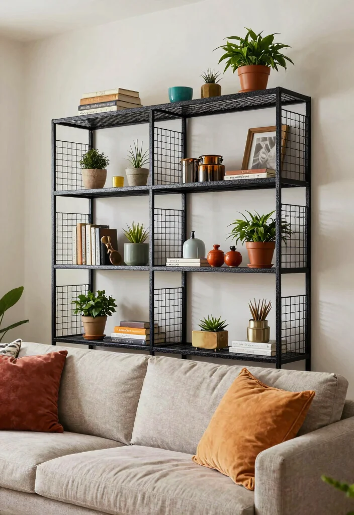 15 Metal Shelves Living Room Ideas with an Industrial Modern Touch - 5. Metal Wire Shelves 1
