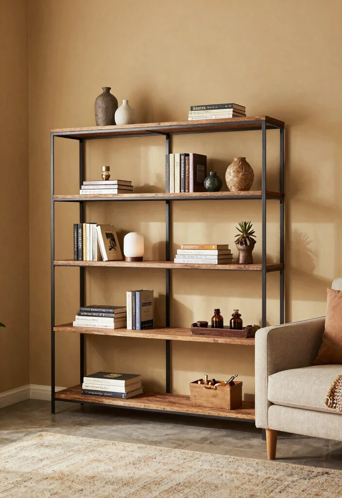 15 Metal Shelves Living Room Ideas with an Industrial Modern Touch - 6. Rustic Metal and Wood Combination Shelves 1