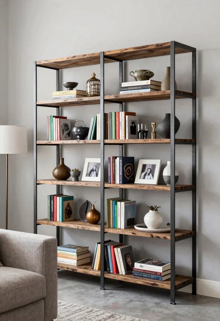 15 Metal Shelves Living Room Ideas with an Industrial Modern Touch - 7. Industrial Style Bookcases 1