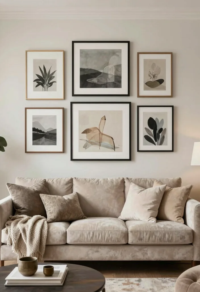15 Mink Sofa Living Room Ideas: Soft Neutral Elegance - 8. Artful Wall Decor 1
