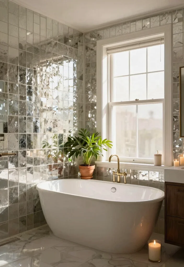 15 Mirror Tile Bathroom Ideas For Extra Light And Glam - 1. Full Wall of Mirror Tiles 1
