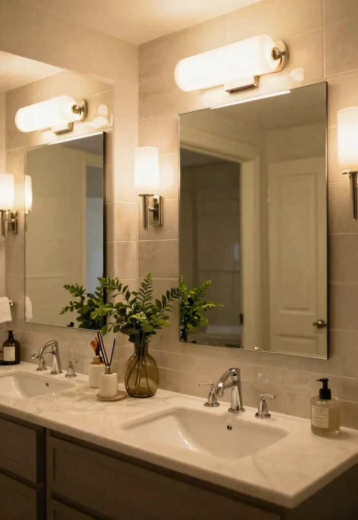 15 Mirror Tile Bathroom Ideas For Extra Light And Glam - 8. Mirrored Lighting Fixtures 1