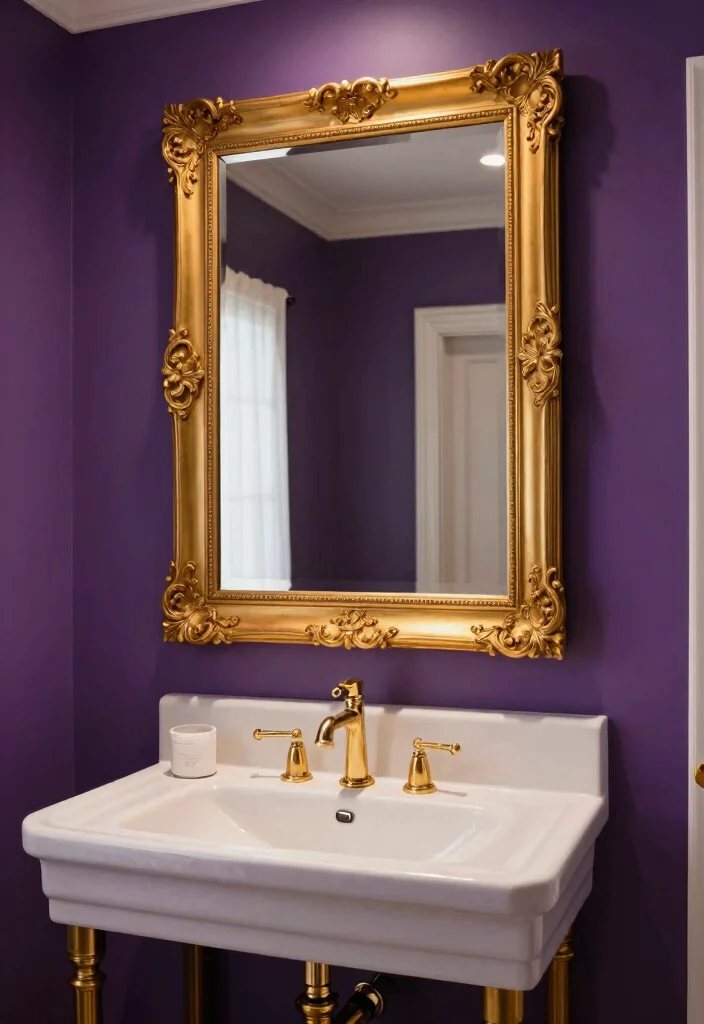 15 Purple Bathroom Ideas With Creative Flair - 11. Purple & Gold Glamour 1